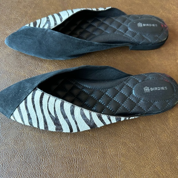 Birdies The Swan Zebra Animal Print Calf Hair Suede Mules Black Cream Size 8.5 - Picture 3 of 7